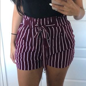 High waisted tie shorts striped maroon & white
